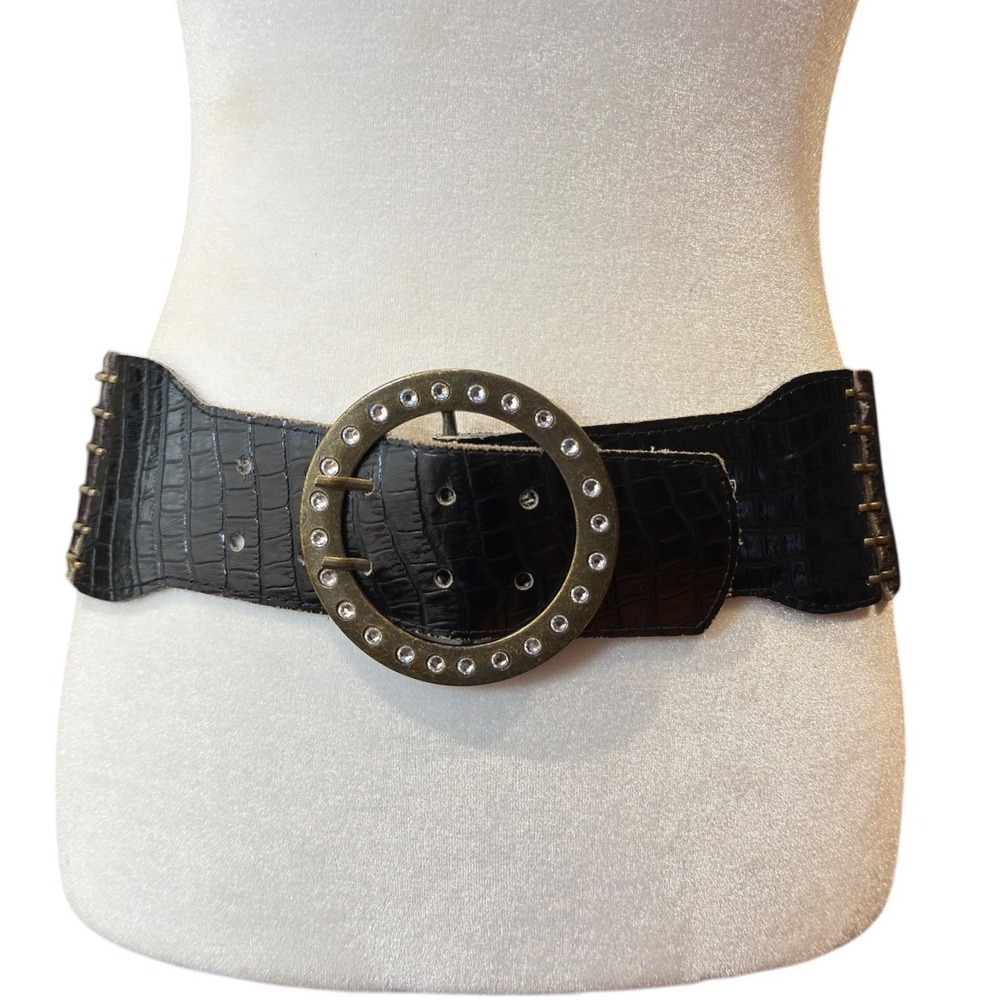 Vintage Wide Waist Statement Belt 3 In Croc‎ Calf Hair Rhinestone M Via Fiorelle